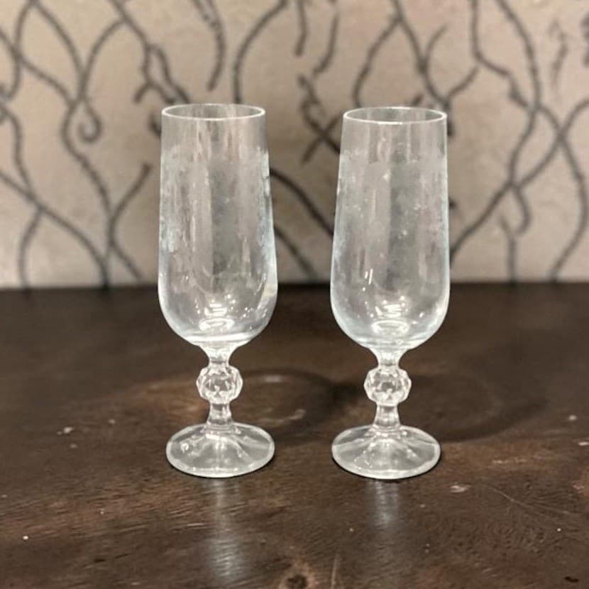 Bohemia Crystal Cascade Champagne Flutes, Set of 2, Vintage Etched Stemware