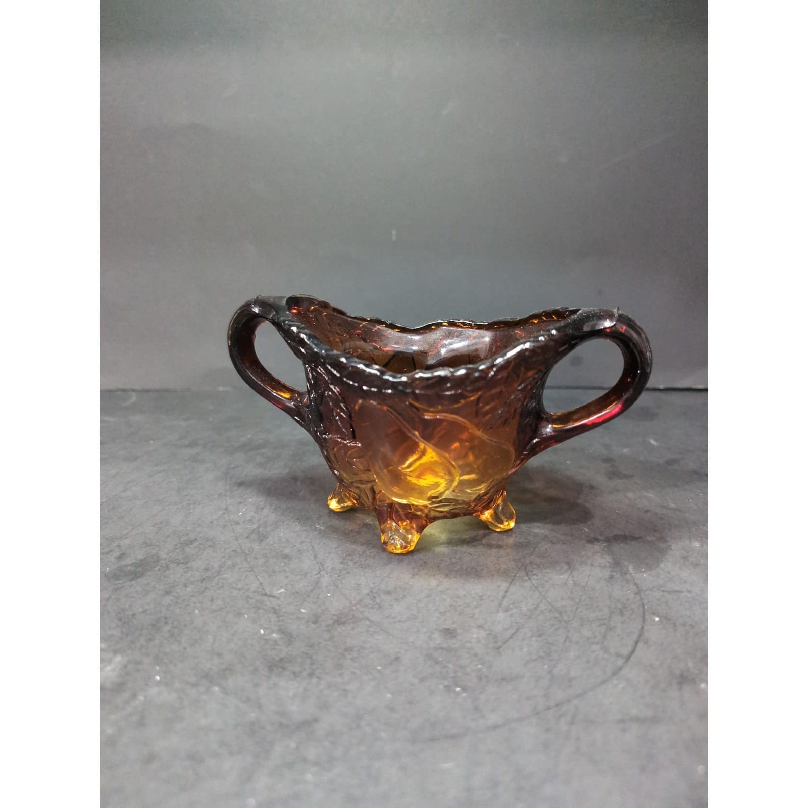 Tiara Glass 'Burnt Honey' Amber Sugar Bowl with Pears, Footed Design, Vintage