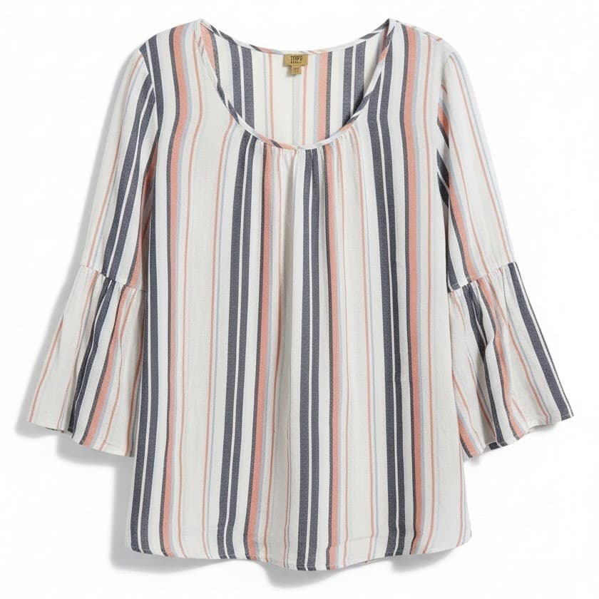 True Craft Striped Bell Sleeve Scoop Neck Blouse, Blue Orange White, Women's 0X
