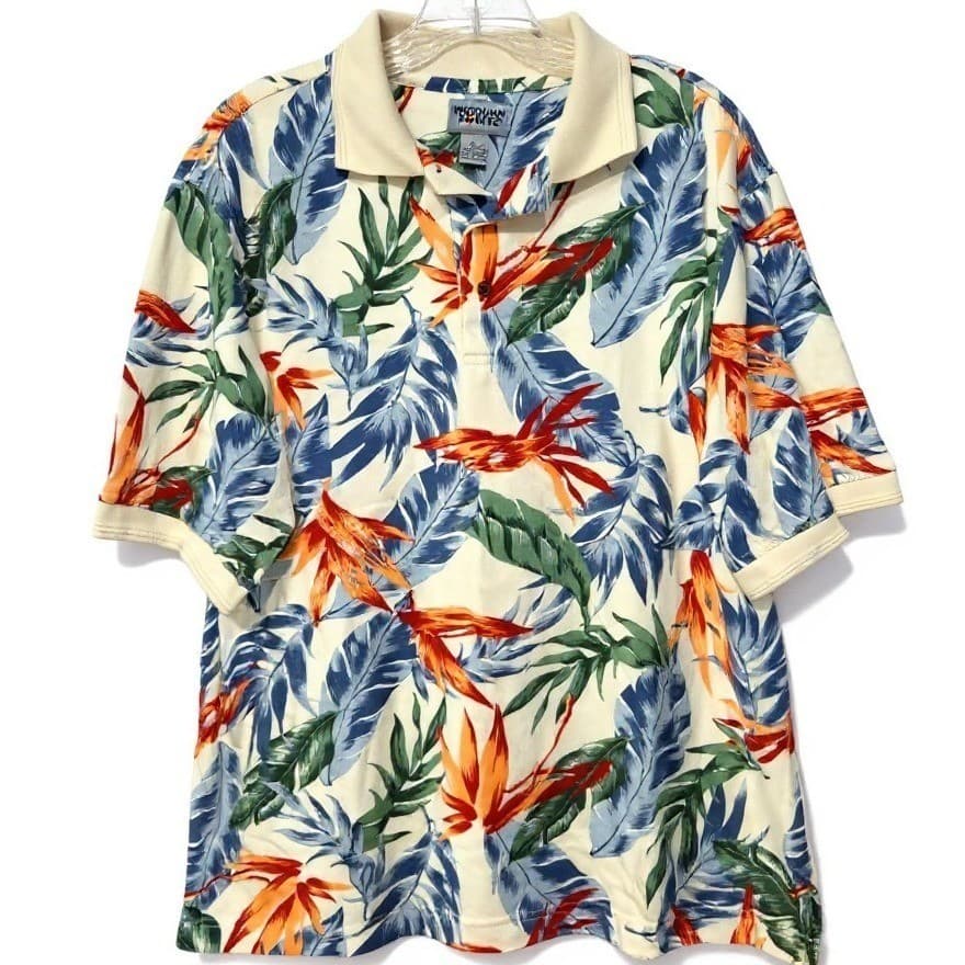 Windham Pointe Tropical Bird of Paradise Floral Polo, White Blue Shirt, Men's S