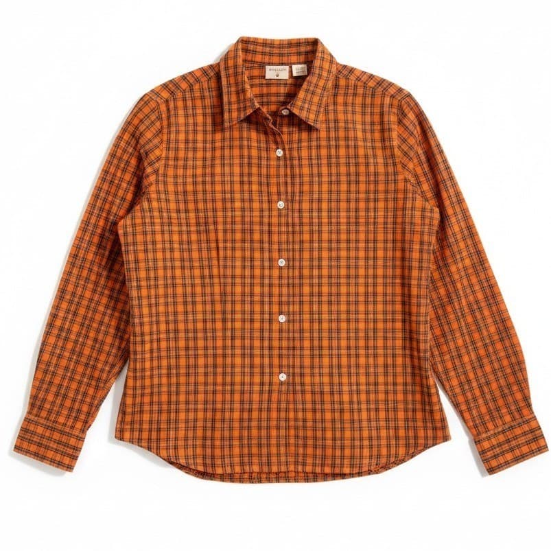 Mountain Lake Orange Plaid Button Down, 100% Cotton Long Sleeve Shirt Women's XL