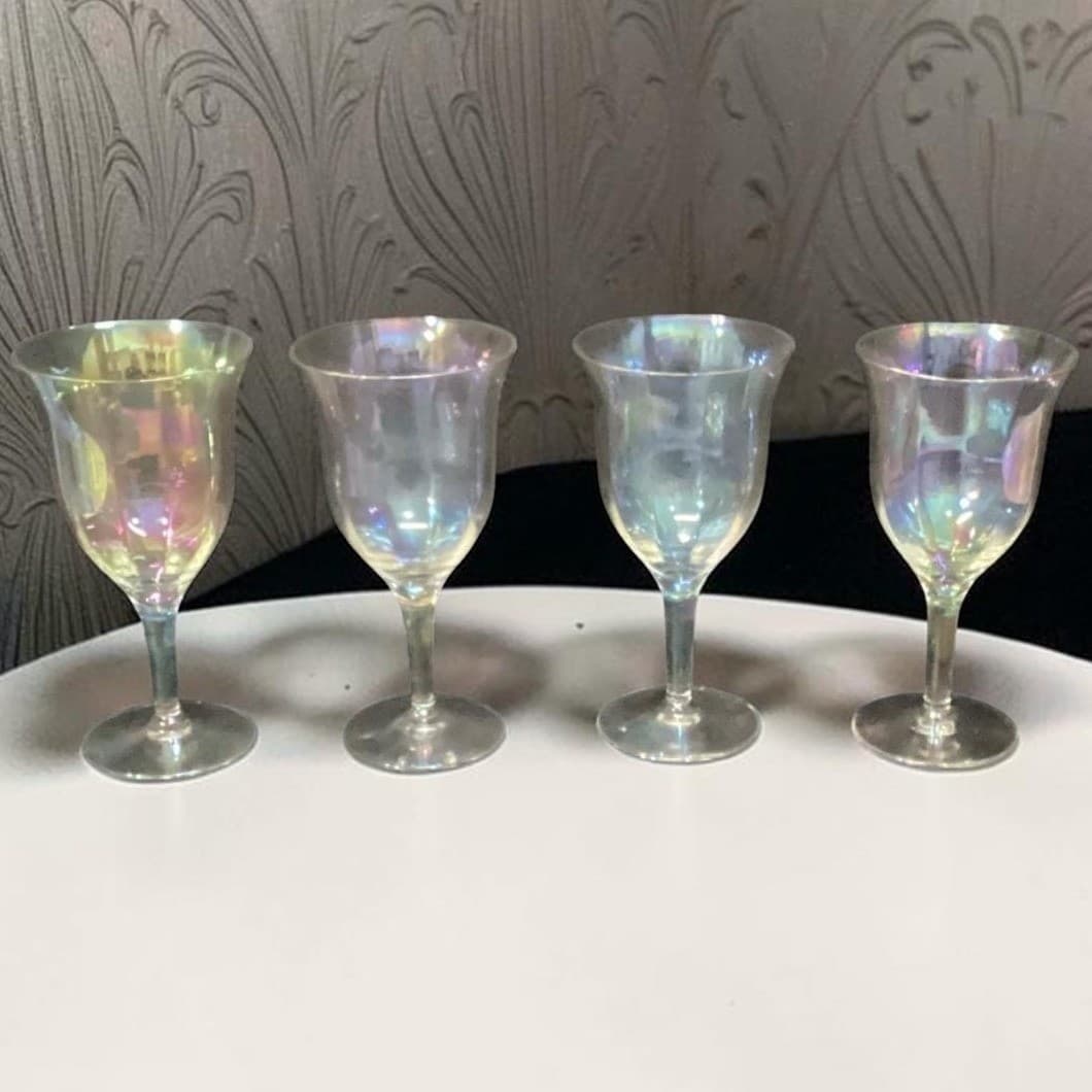Fostoria Iridescent Wine Glasses, Set Of 4 Vintage Rainbow Sheen Luster Stemware