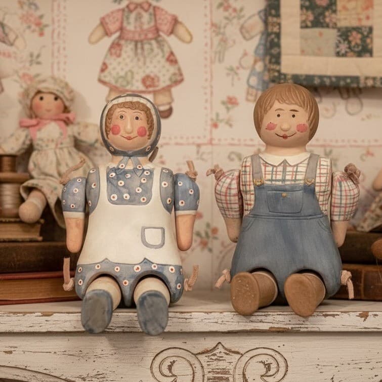 Set Of 2 Ceramic Handpainted Rag Dolls Man And Lady With Articulated Limbs 6.5"