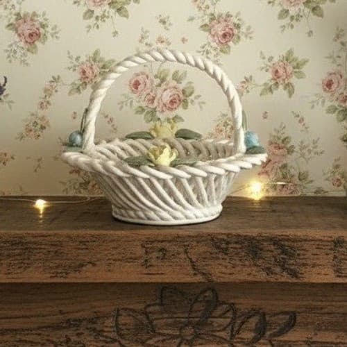 Capodimonte Style Porcelain Woven White Basket Applied Flowers Centerpiece Italy