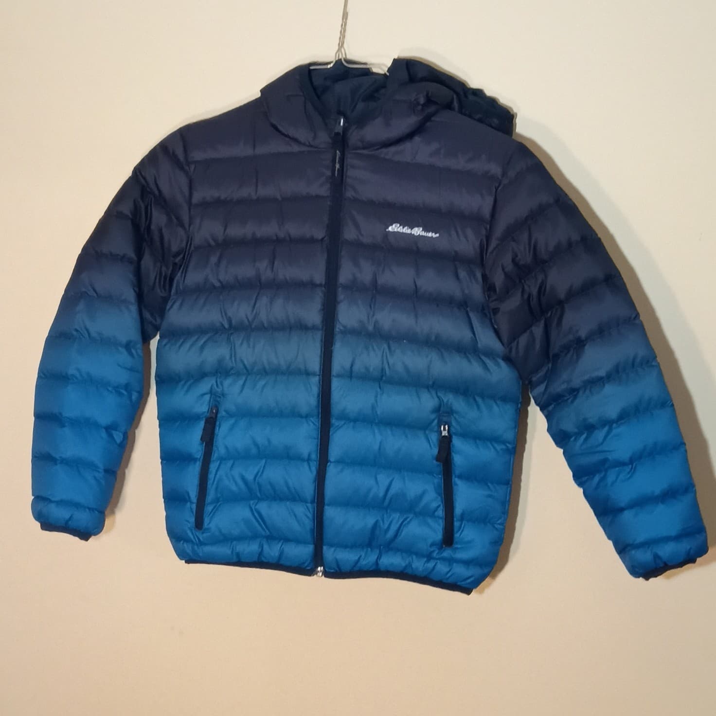 Eddie Bauer Reversible Down Jacket Kids Small Blue Puffer Hooded Winter Coat