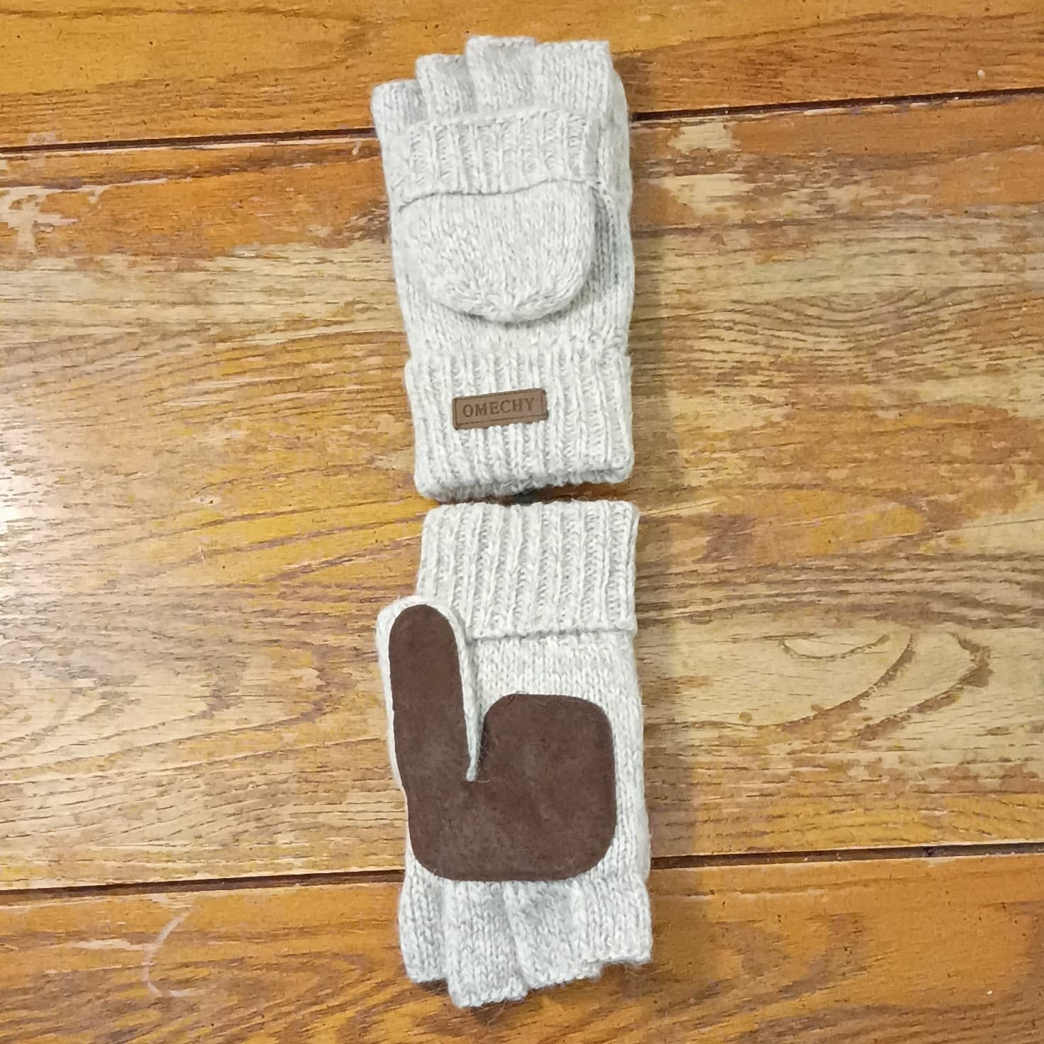 OMECHY Women’s Fingerless Knit Wrist Gloves Gray/Brown One Size, Logo