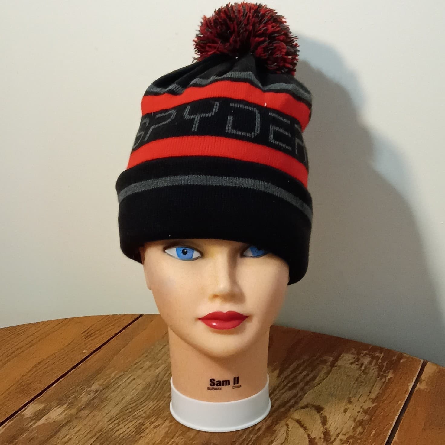 Spyder Lined Pom Pom Beanie Hat Black Red Gray Striped Winter One Size