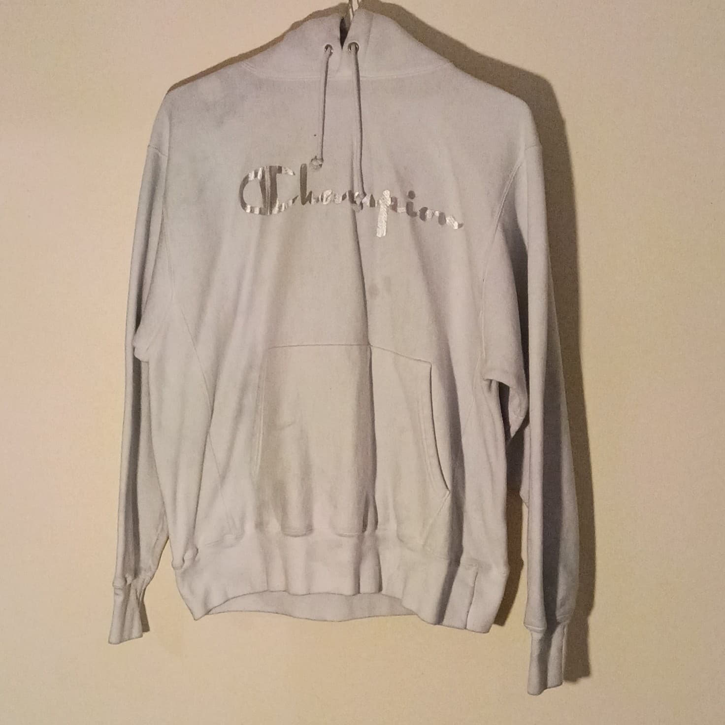 Champion Reverse Weave Wht Hoodie W/Silver Logo Pocket Long Sleeve Unisex Size L