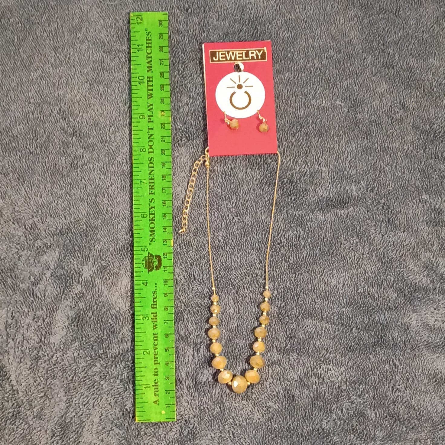Gold Tone Adjustable Necklace & Earrings Set with Beige Round Beads