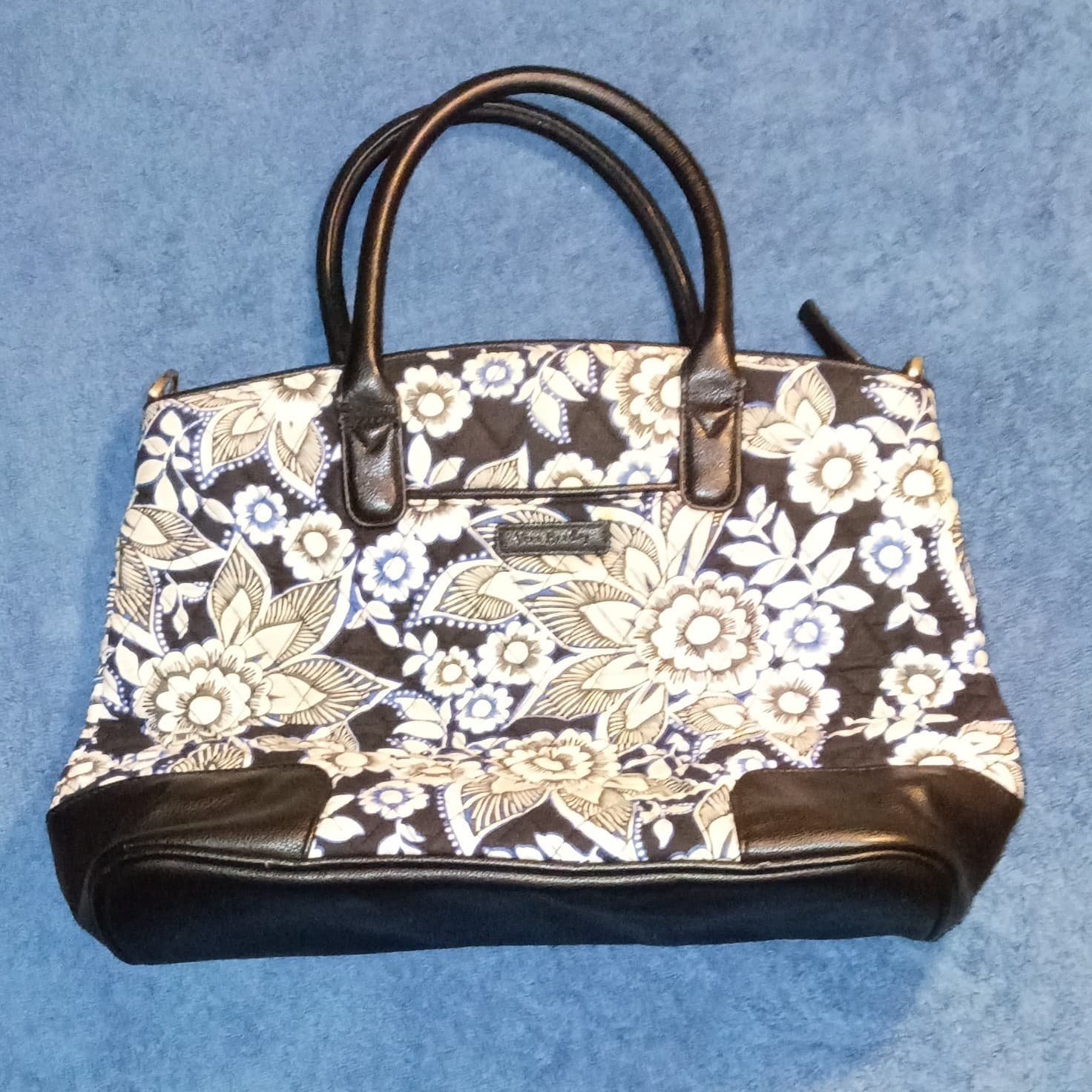 Vera Bradley Floral Satchel Top Handle Zip Closure Pockets Black Blue White