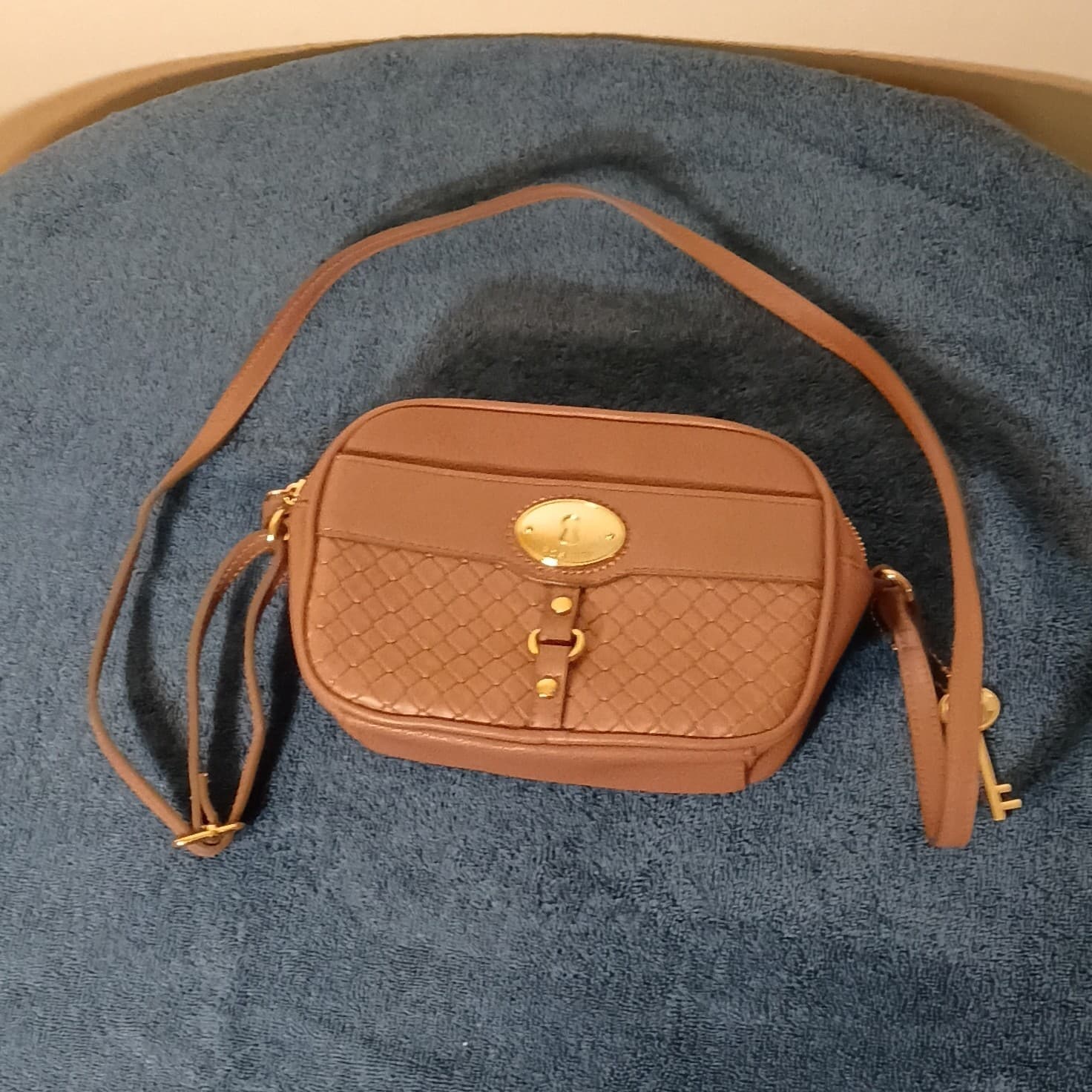 Fossil Rose Brown Pebbled Crossbody Bag Zip Closure Gold Hardware Key Charm