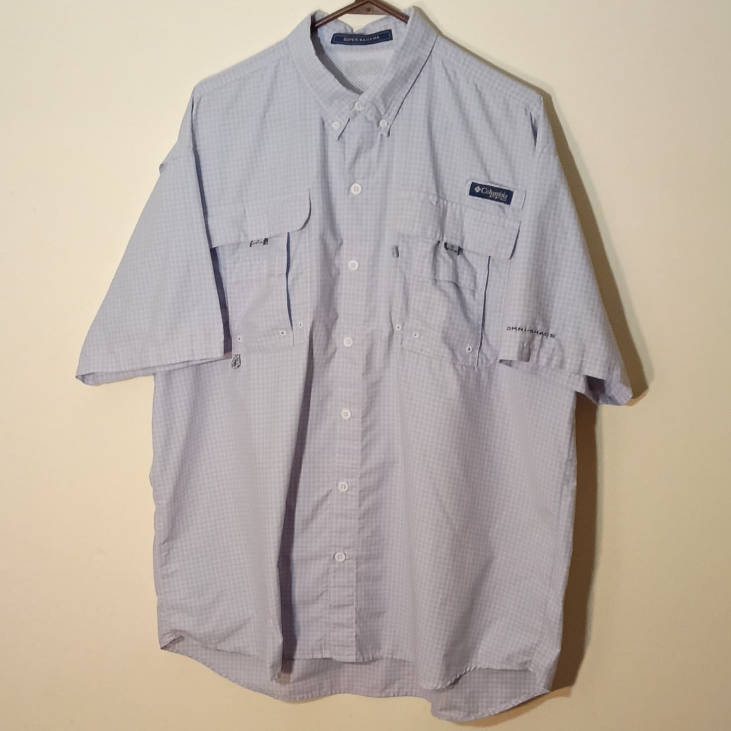 Columbia PFG Super Bahama Mens Short Sleeve Button-Down Check Shirt Blue Pink