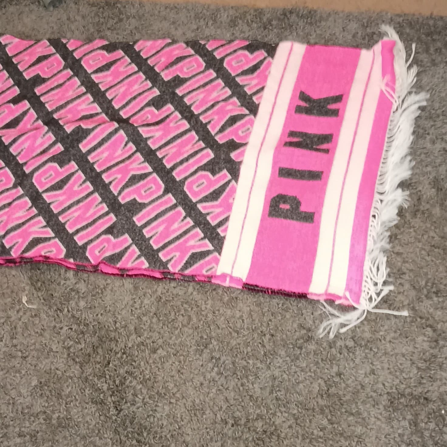 pink scarf /light blanket color pink white black with fringe accent
