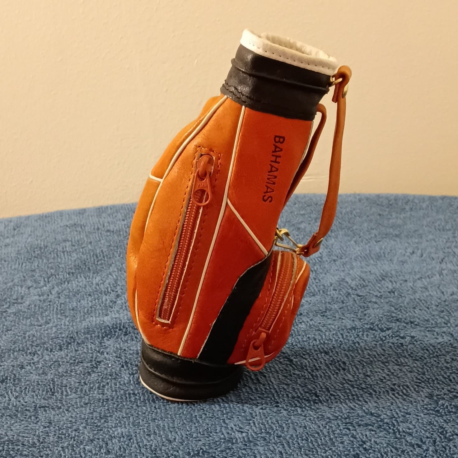 Mini Golf Bag Keychain Orange/Black/White Zippered 7in "Bahamas"