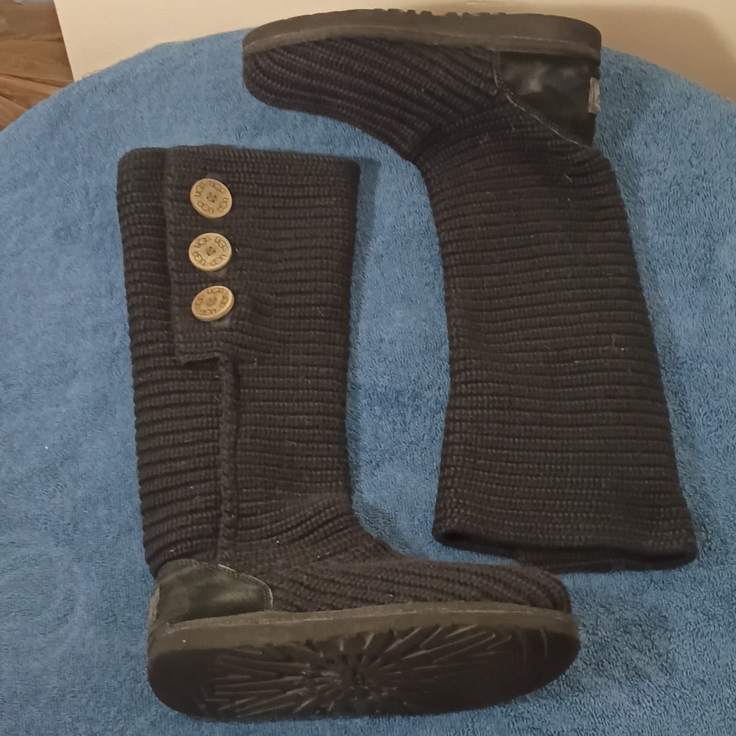 UGG Black Suede Knit Knee High Boots Button Closure Round Toe Rubber Sole
