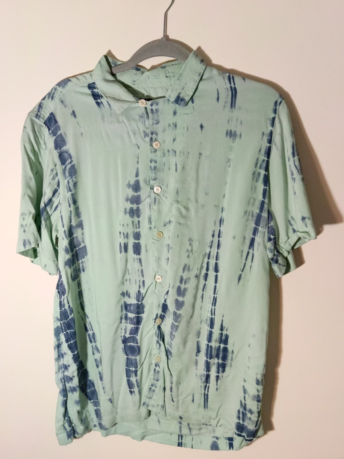 Nuon Relaxed Fit Mens M Short Sleeve Button-Up Tie-Dye Blue Green Viscose
