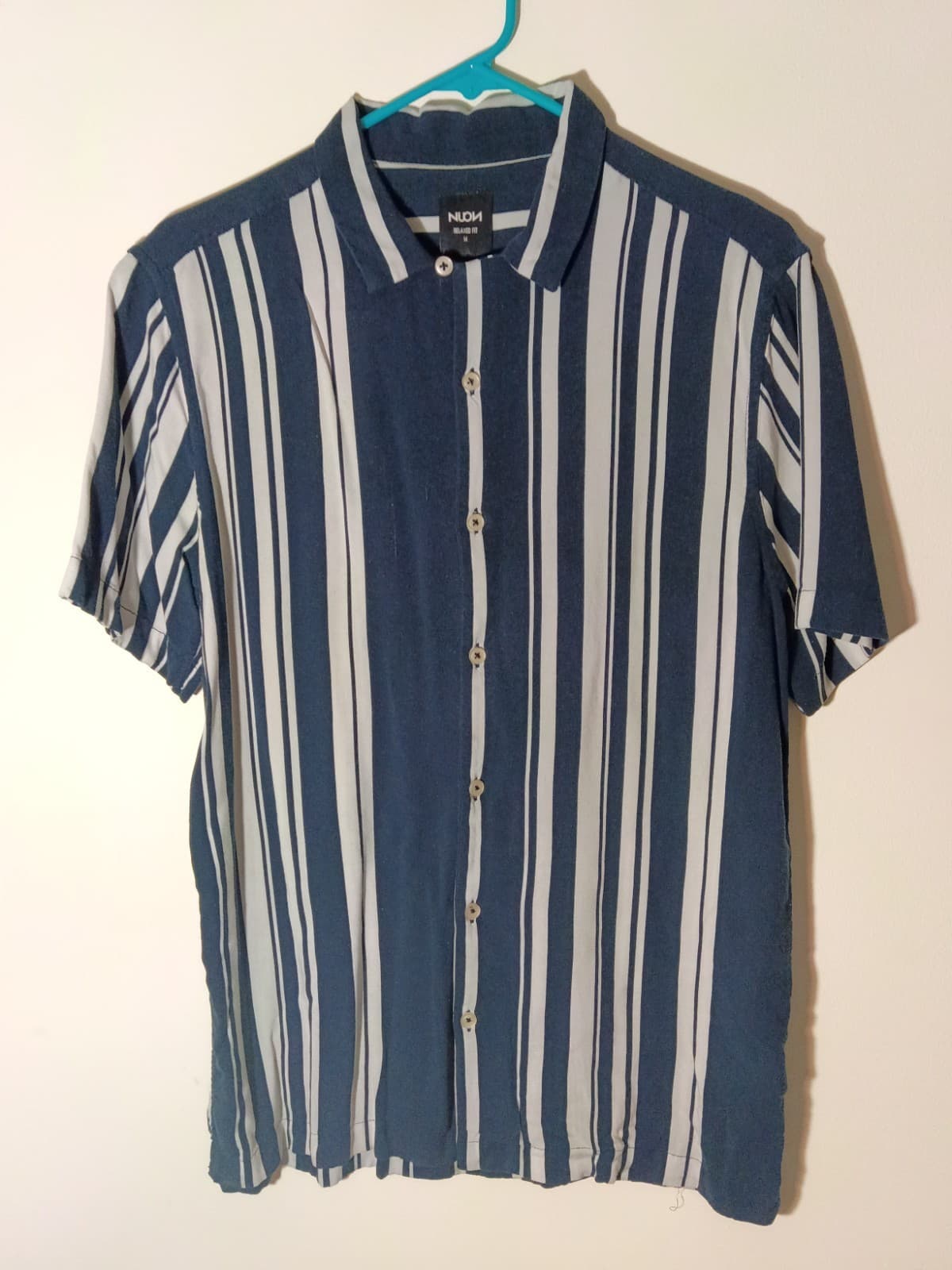 NUON Mens M Short Sleeve Button-Up Blue White Striped Woven Viscose Relaxed