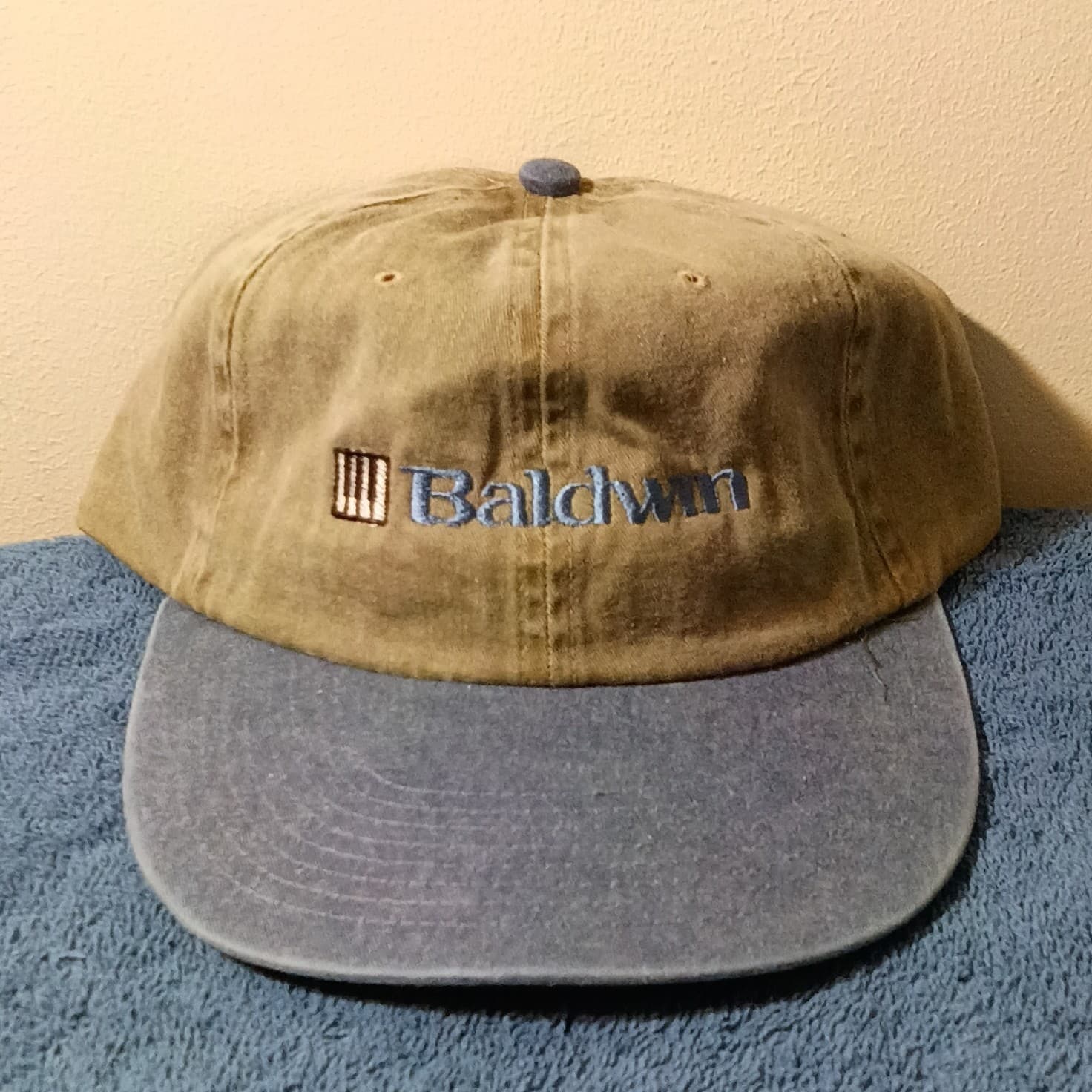 Baldwin Embroidered Baseball Cap Hat One Size Adjustable Tan Blue Solid