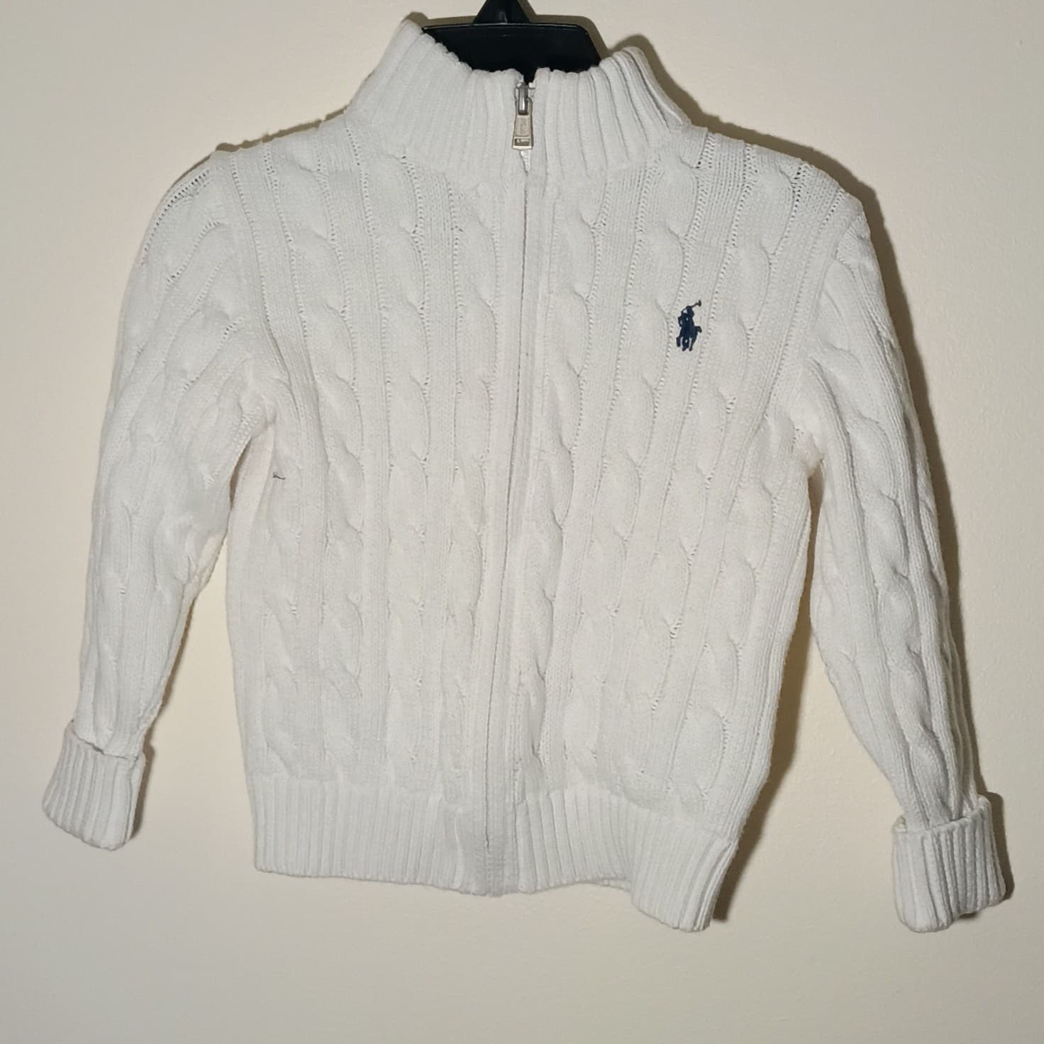Ralph Lauren 24 Months White Cable-Knit Cotton Knit Full Zip Mock Neck Sweater