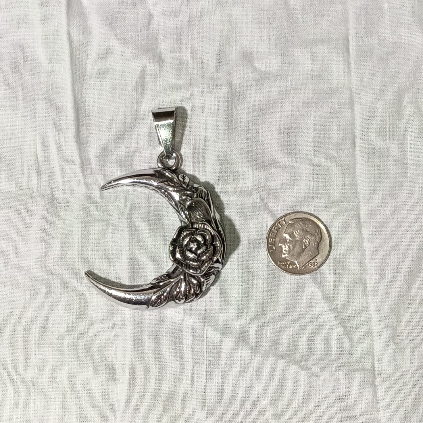Crescent Moon Rose Floral Pendant Charm ~1.5" Silver Tone Gothic Wiccan Jewelry