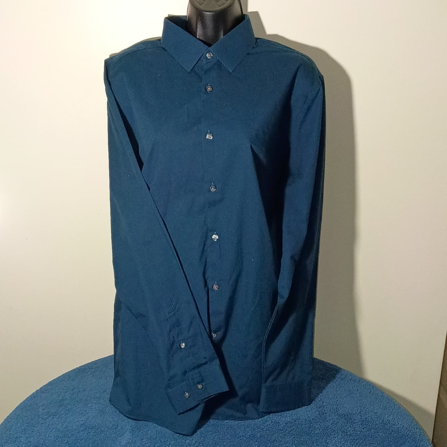 J.Ferrari Slim Fit Shirt Mens 16.5 Blue Button Up Long Sleeve Cotton Blend Shirt