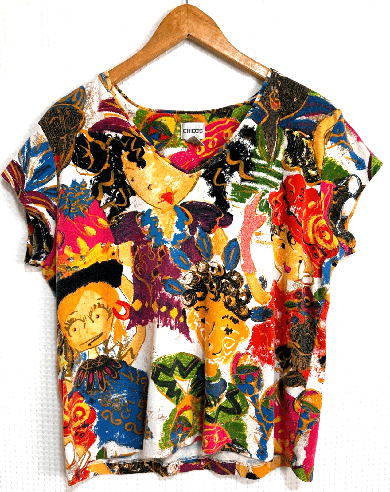 Vintage Chicos Cotton Top Size 3 L Art To Wear Women Festival Rare Bright j