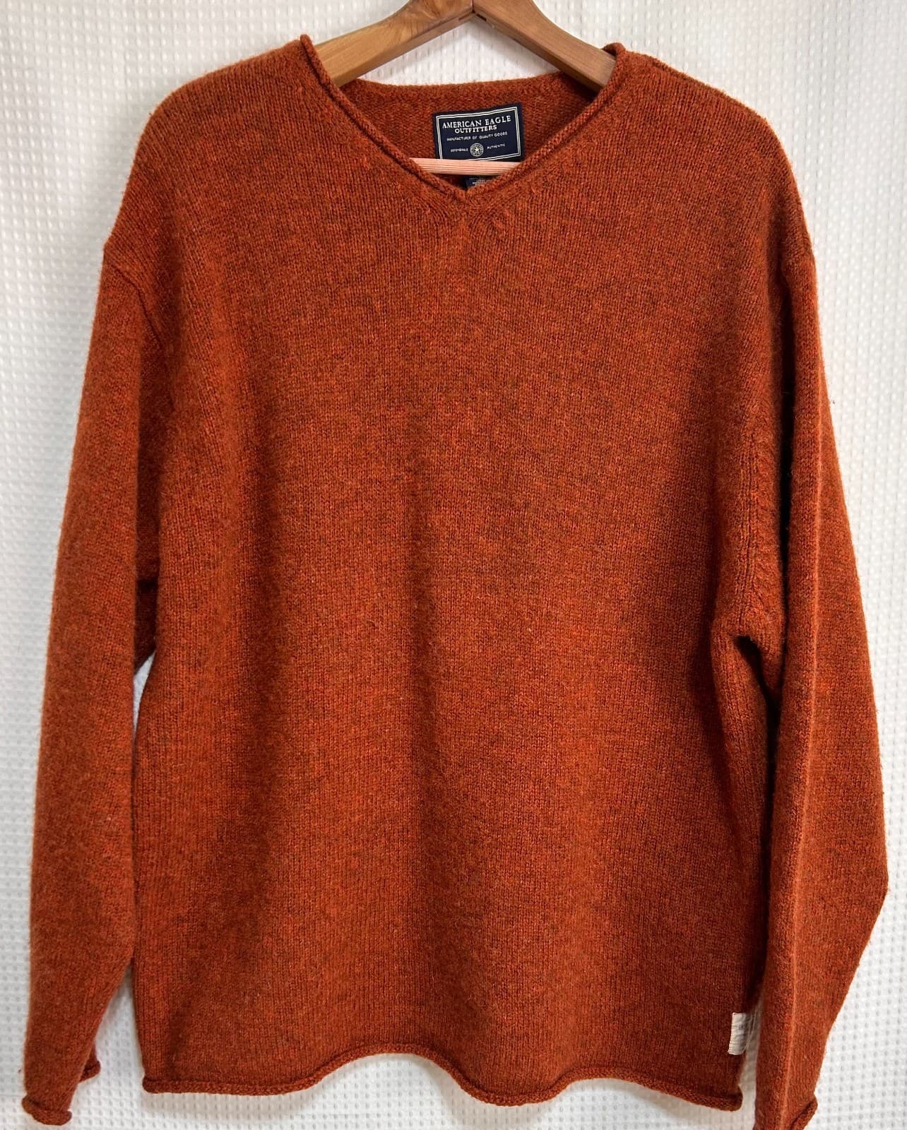 Vintage American Eagle Mens size L 100% Shetland Wool weater Rust Orange g
