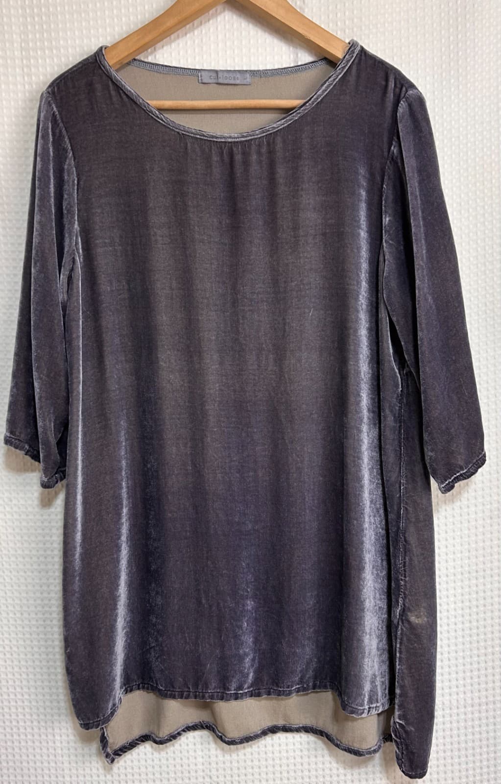 Cut Loose Purple Velvet Swing Top Size L Artsy Lagenlook Rayon Silk USA made a1