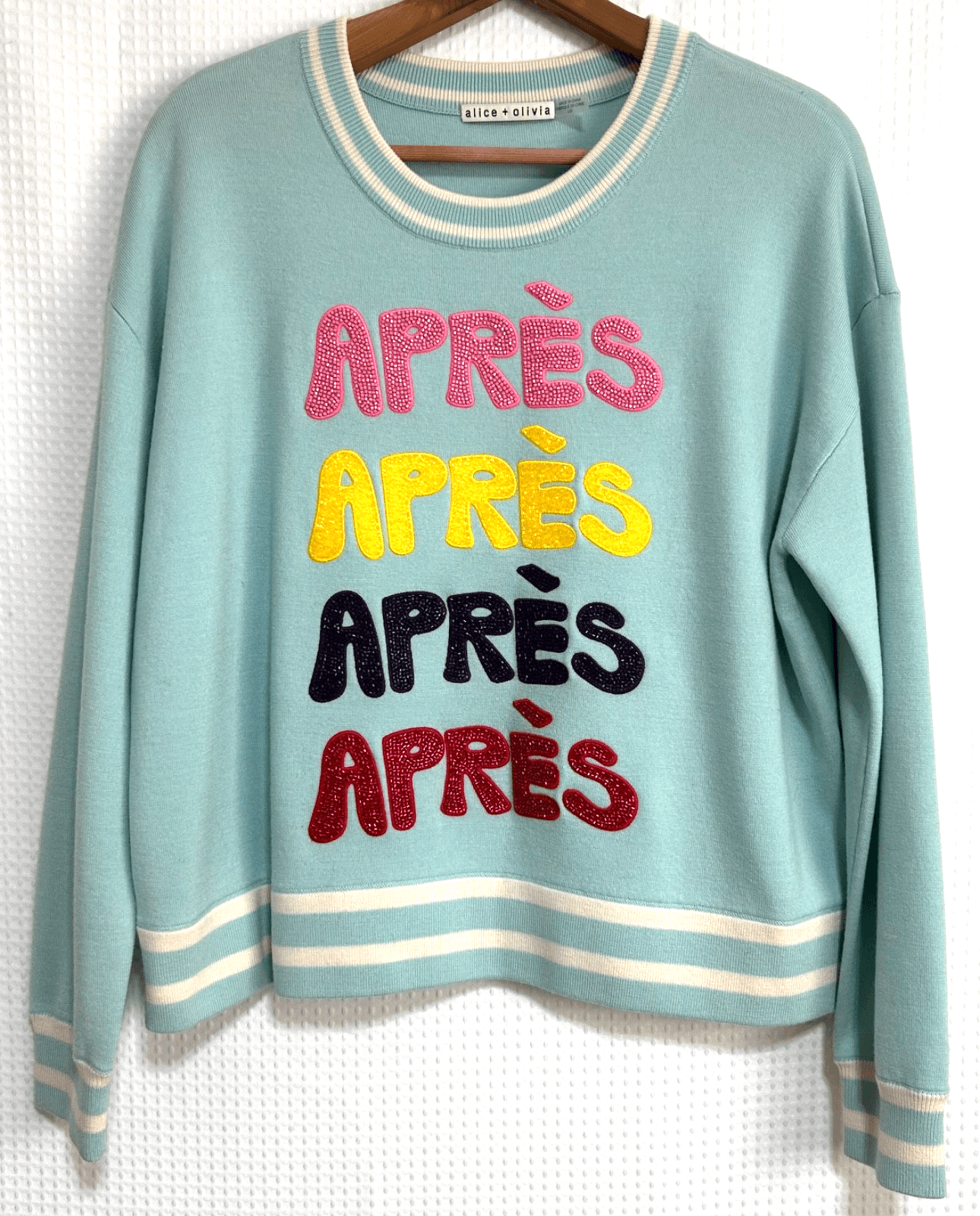 $495 Alice + Olivia size L Merino Wool Gleeson Apres Pullover Sweater Preppy a