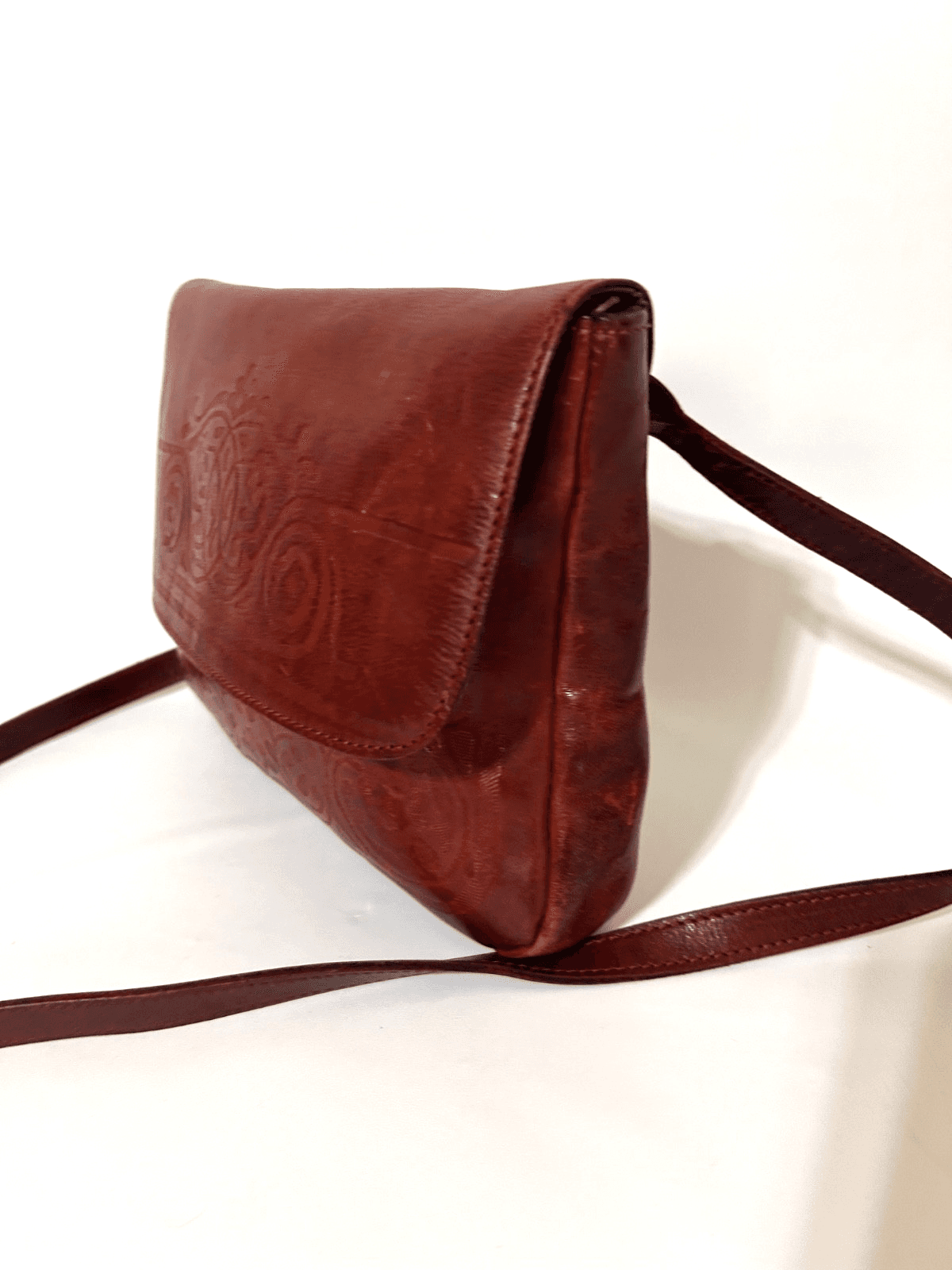 Vintage J.Crew Maroon Tooled Leather Embossed Floral Western Hand Bag Crossbody