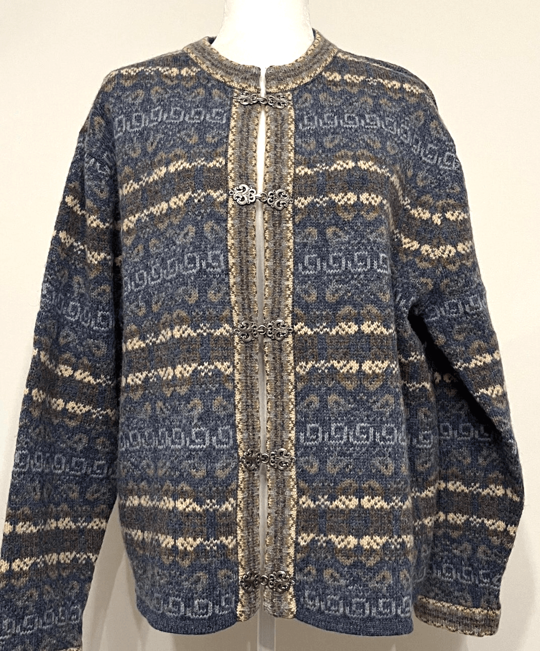 Newton Trading Cardigan Sweater Vintage Nordic Wool Blue Hook Eye A Size L