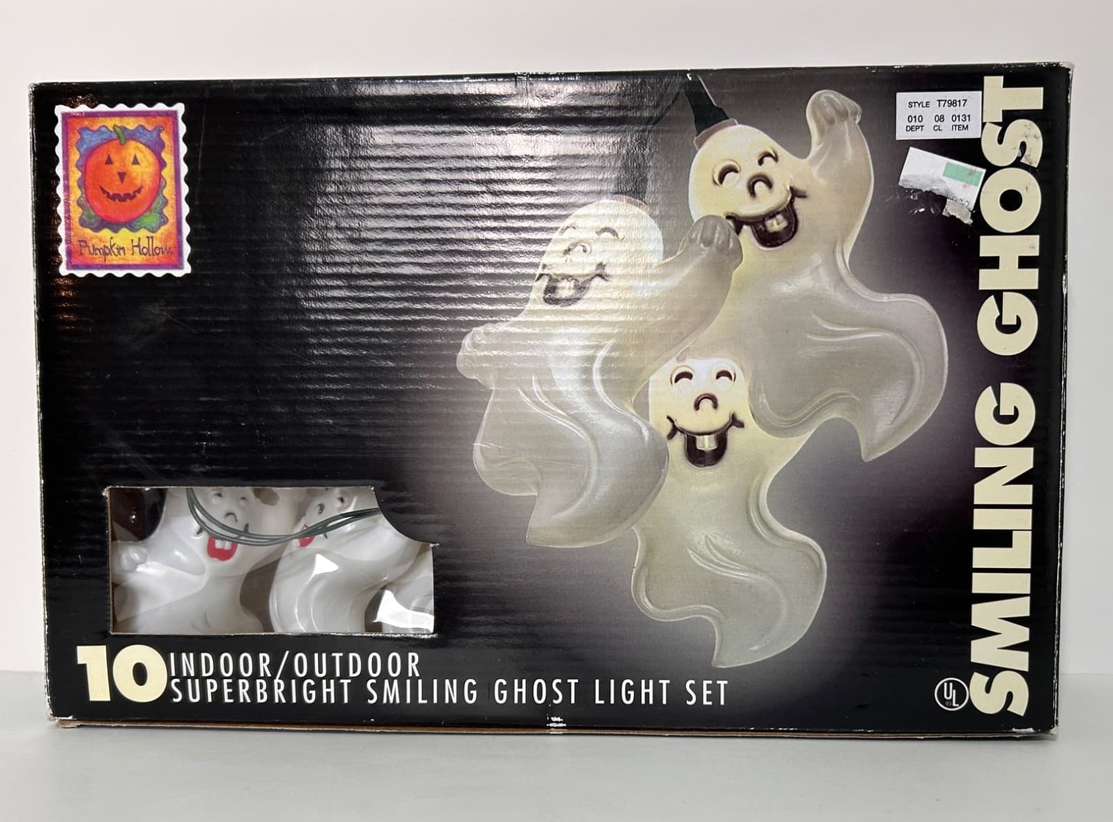 New Vintage Halloween 10 Ghost Hard Plastic Blow Mold String Lights Smiling
