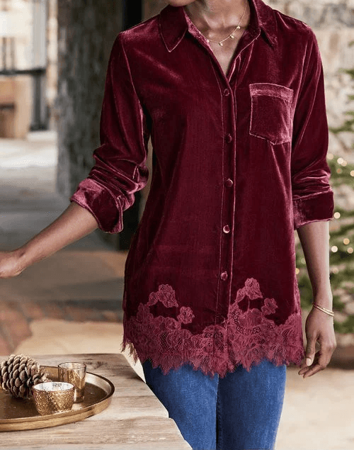 Soft Surroundings Size XS Cardigan Velvet Lace Eden Cabernet Top Burgundy d