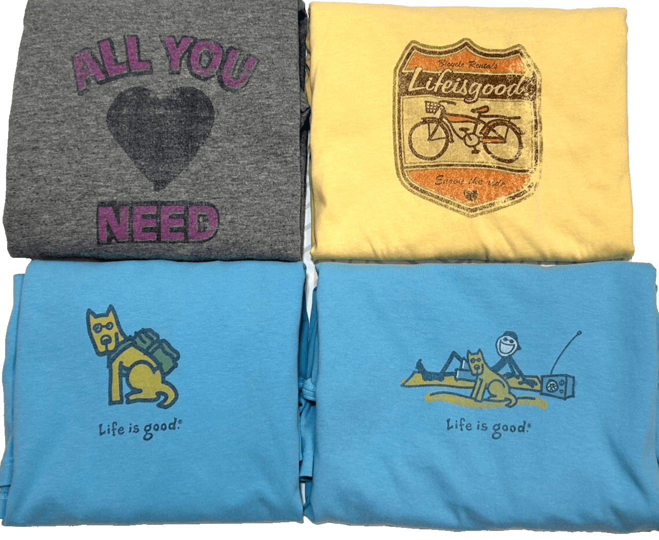 Lot of 4 Women's size Large Life is Good Tees Crew T-shirts Bike Jake Dog g