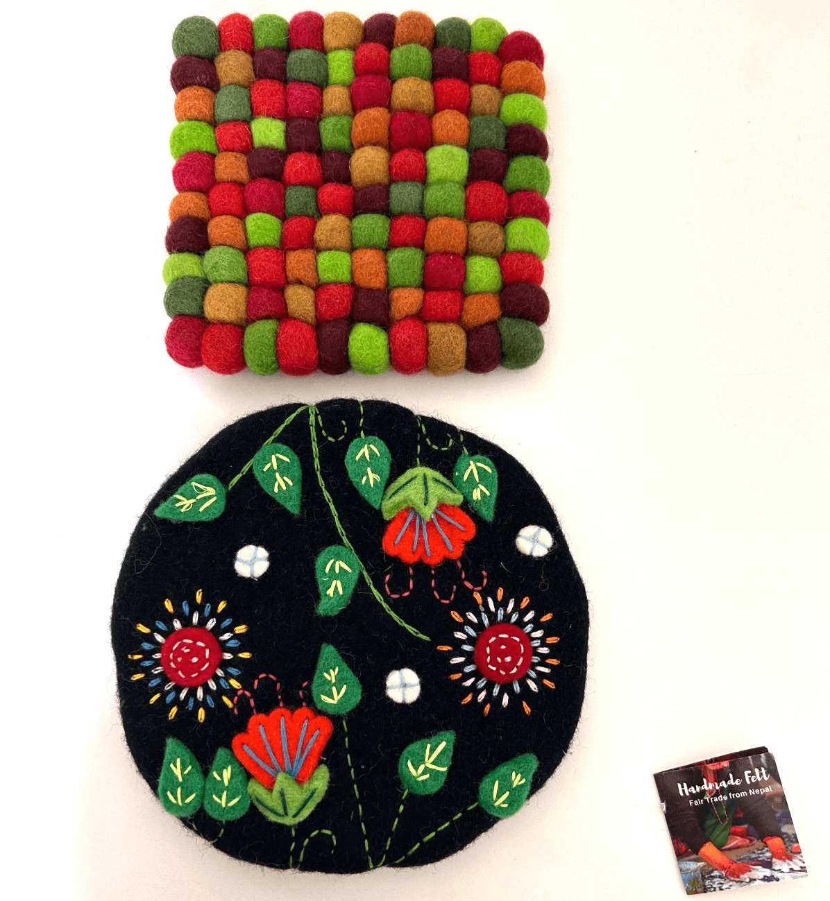 The Village WOOL FELT SQUARE Round Floral Embroidered COASTER TRIVET HOT PAD