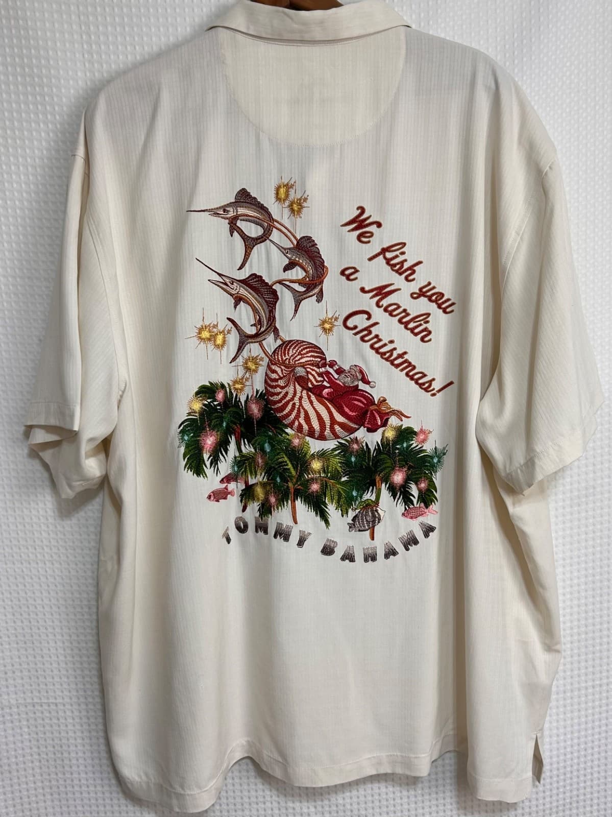 Tommy Bahama Silk We Fish You Marlin Christmas Embroidered Shirt Men XXXL 3XL i