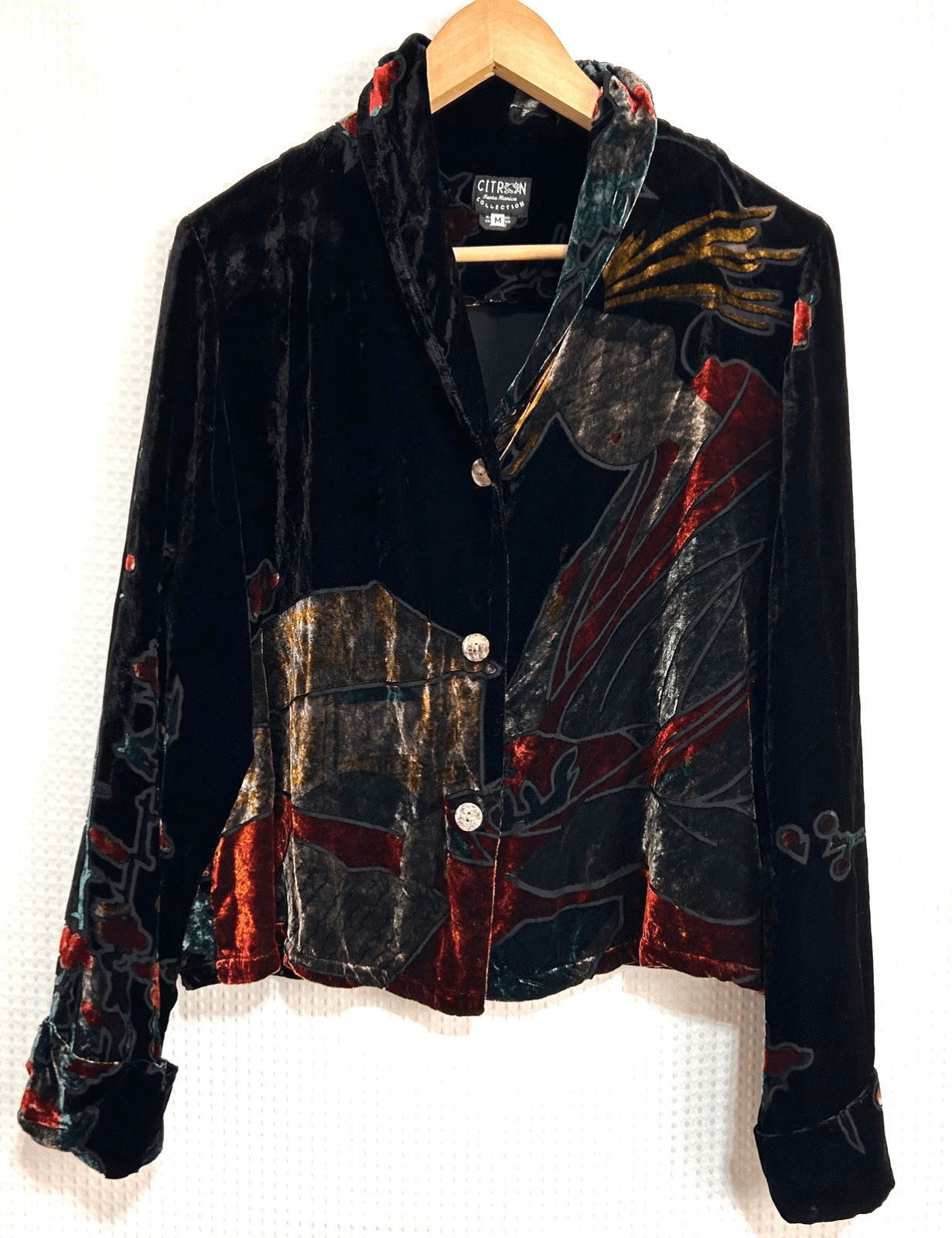 Citron Santa Monica Size M SILK Asian Velvet Black Burnout Kimono Jacket Top z