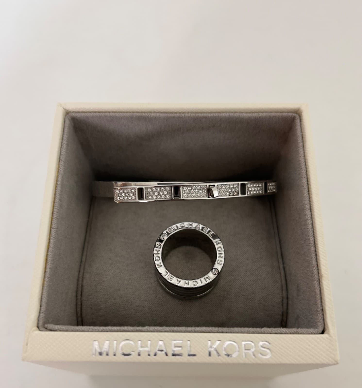 Michael Kors Silver Tone Crystal Hinged Bangle Bracelet Ring size 6 Bundle