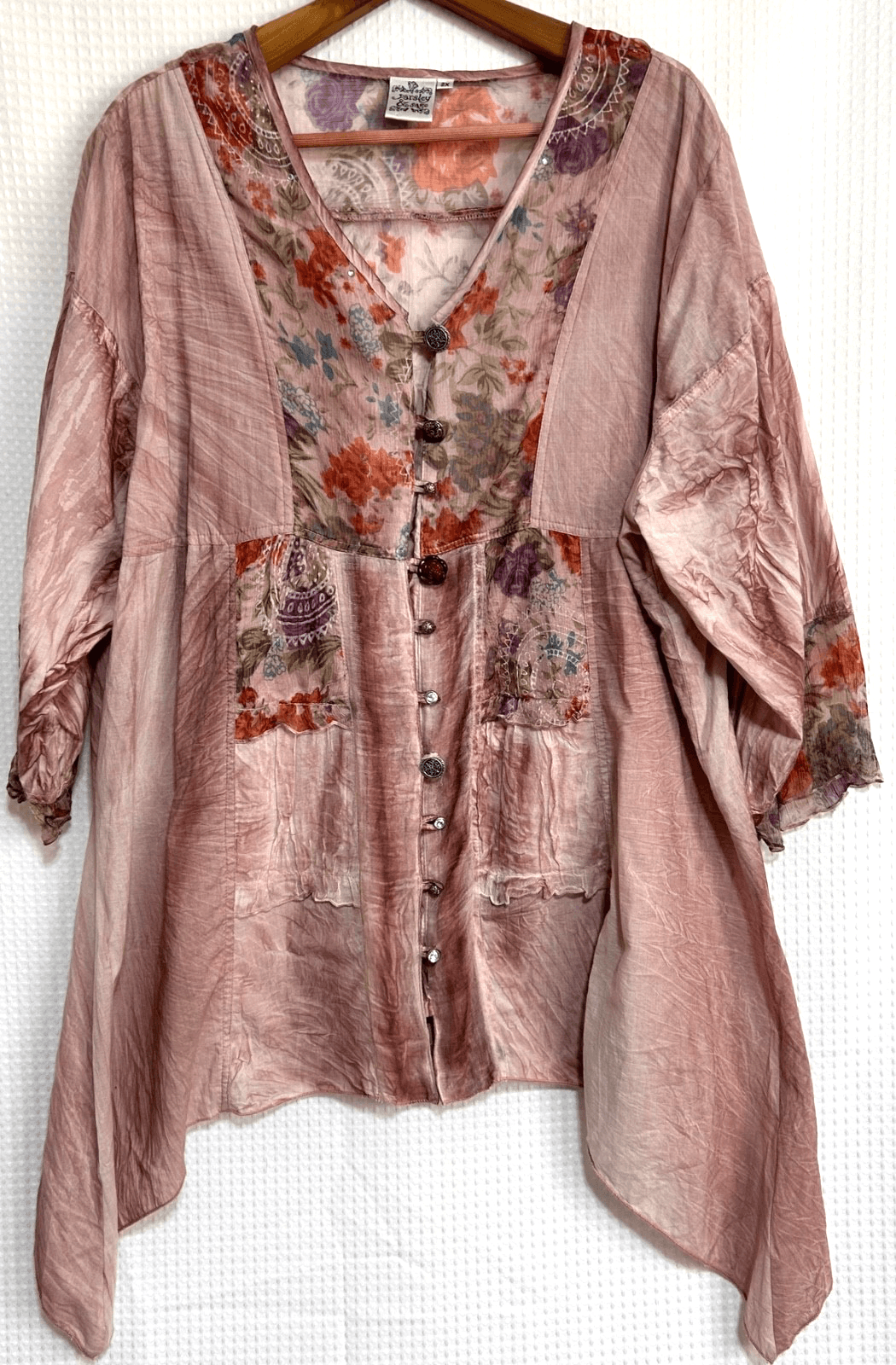 Parsley & Sage Size 2X Patchwork Lagenlook Whimsigoth Handkerchief Hem Tunic Top