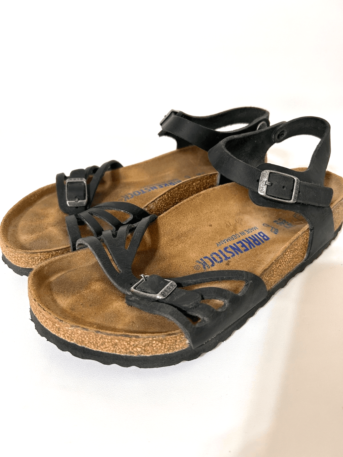 Birkenstock Bali Sandals Black Oiled Leather Slingback Strap Buckle size 37 W 6