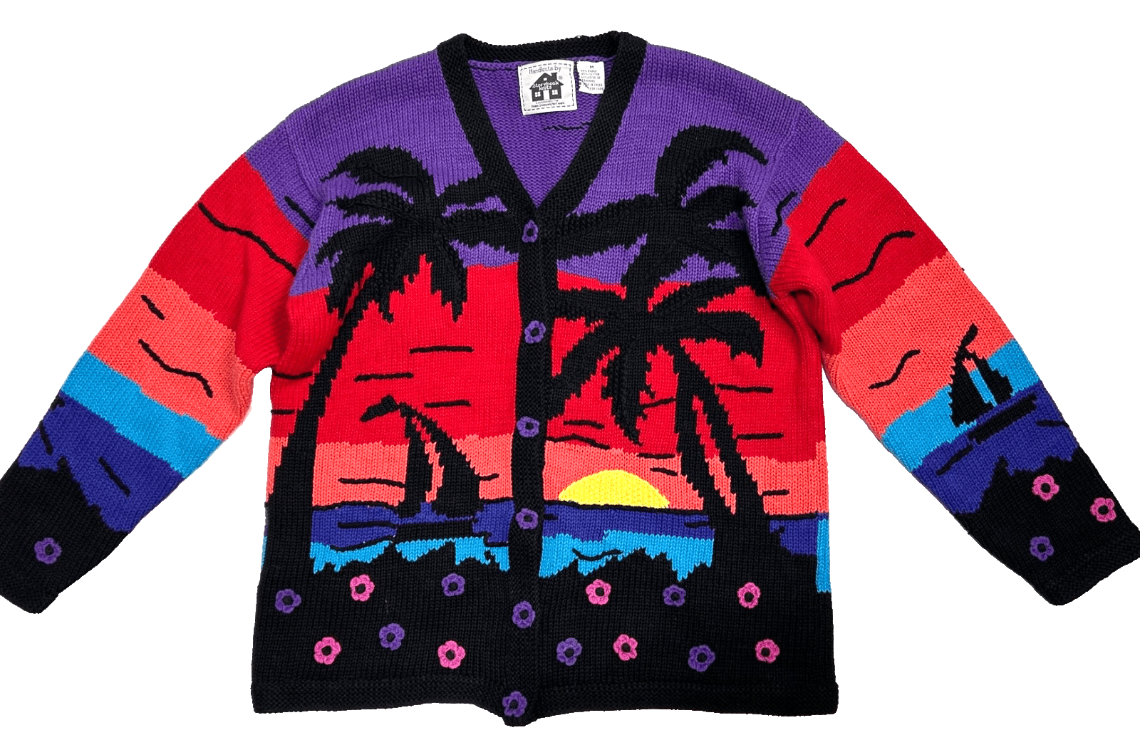 Storybook Knits Cardigan Sweater Sunset Nautical Beach Sailboat Size Medium g
