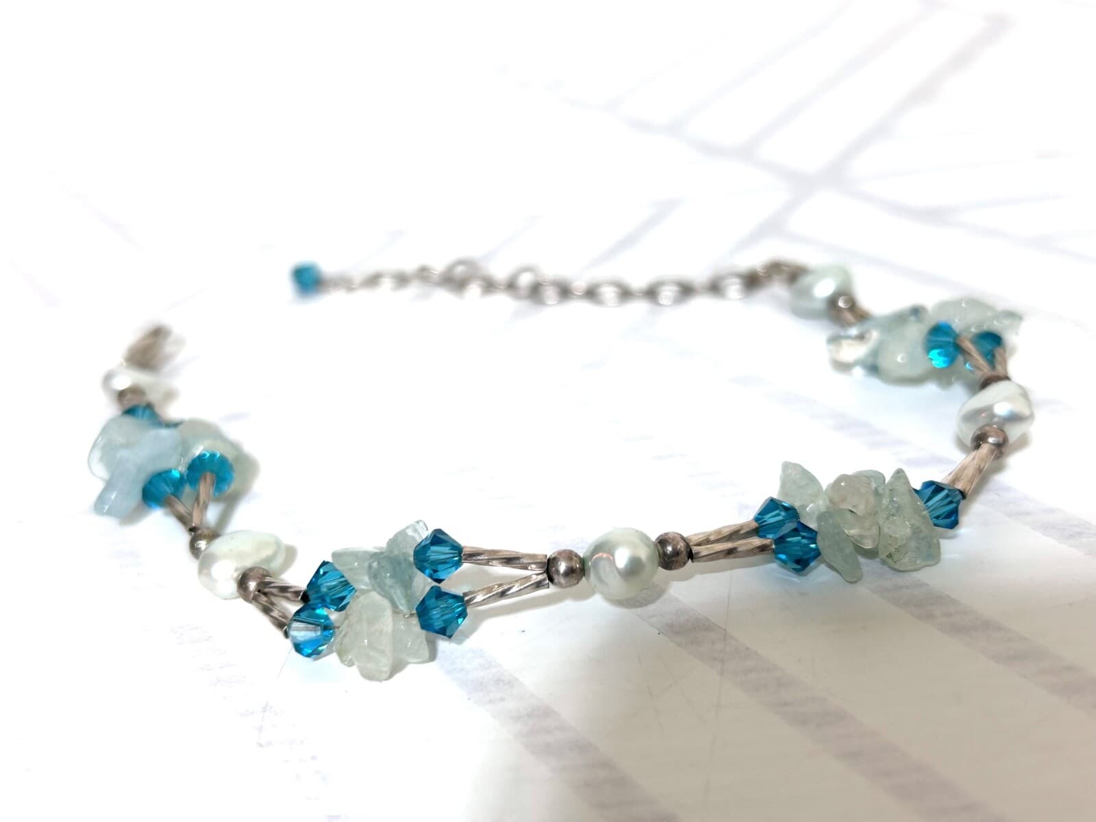 925 Sterling Silver Purple Blue Glass Bead Bracelet Freshwater Pearl