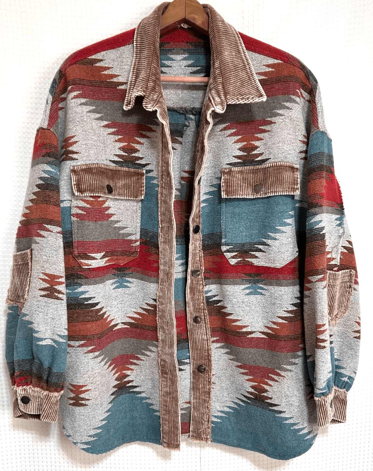 POL Aztec Native Print Jacket Raw Hem Fringe Coat Boho Oversized Size Large