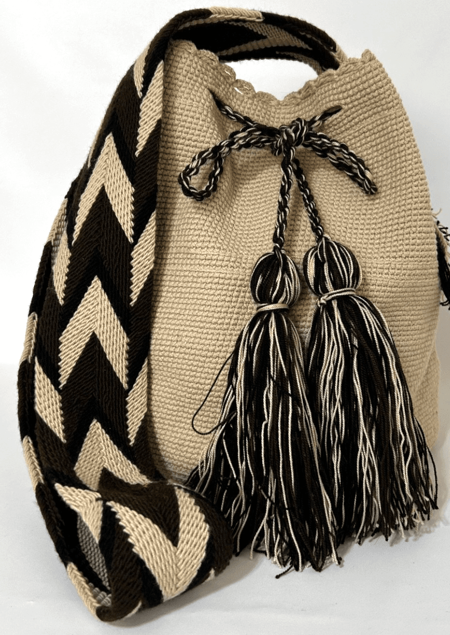 Wayuu Mochila Woven Bucket Bag Crossbody Handmade Boho Tassel Black & Beige