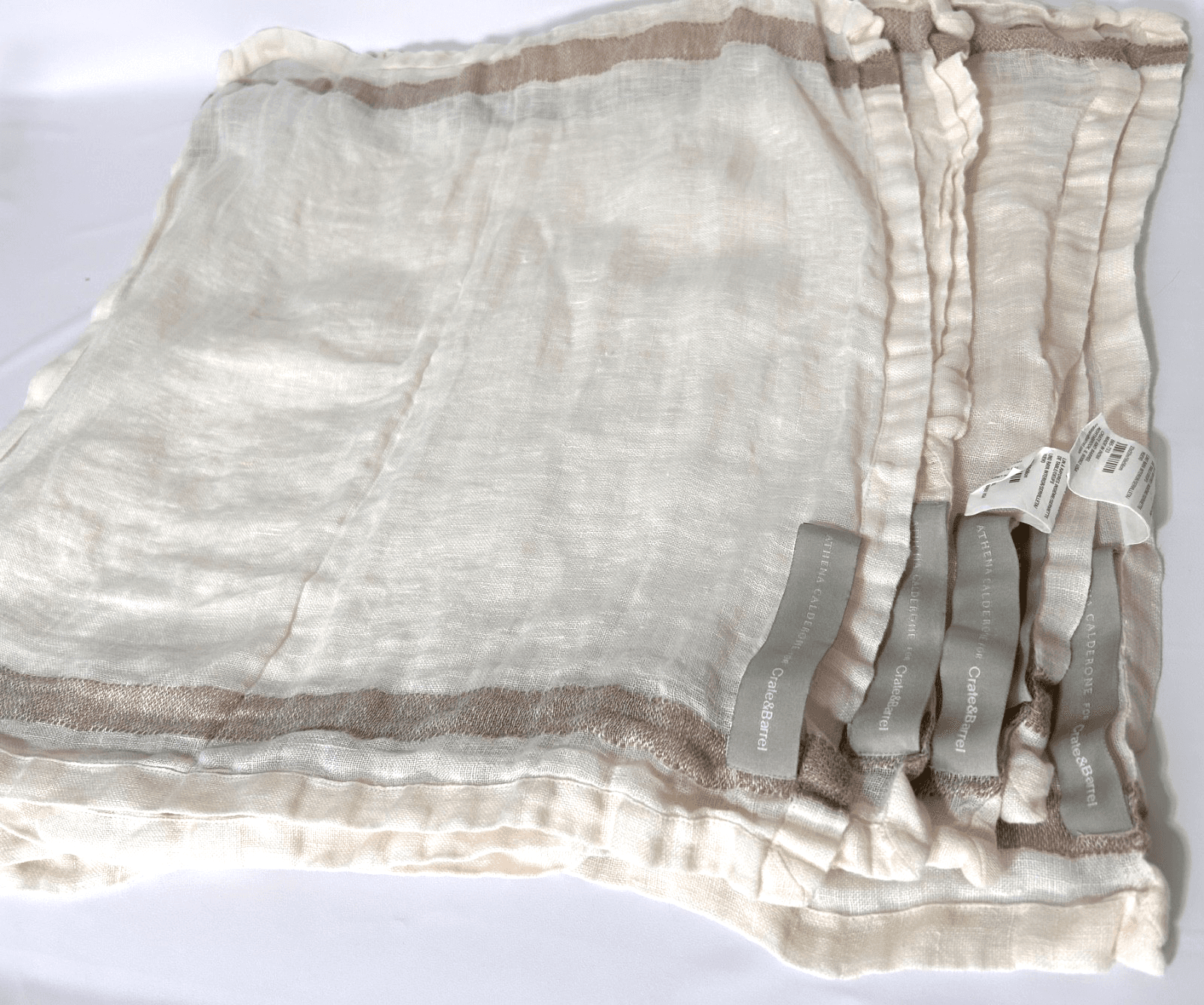 Athena Calderone For Crate & Barrel Gauze Linen Stripe 5 Napkins Ivory Eggnog