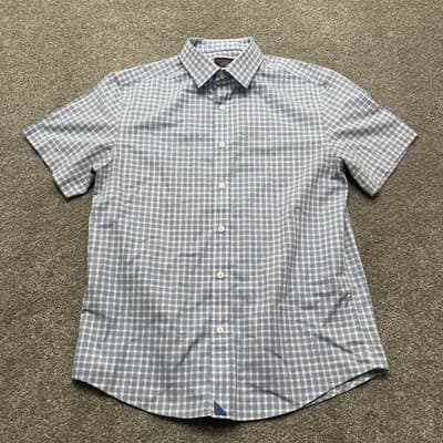 UNTUCKit Shirt Mens Medium Blue White Plaid Short Sleeve Slim Fit Wrinkle Free