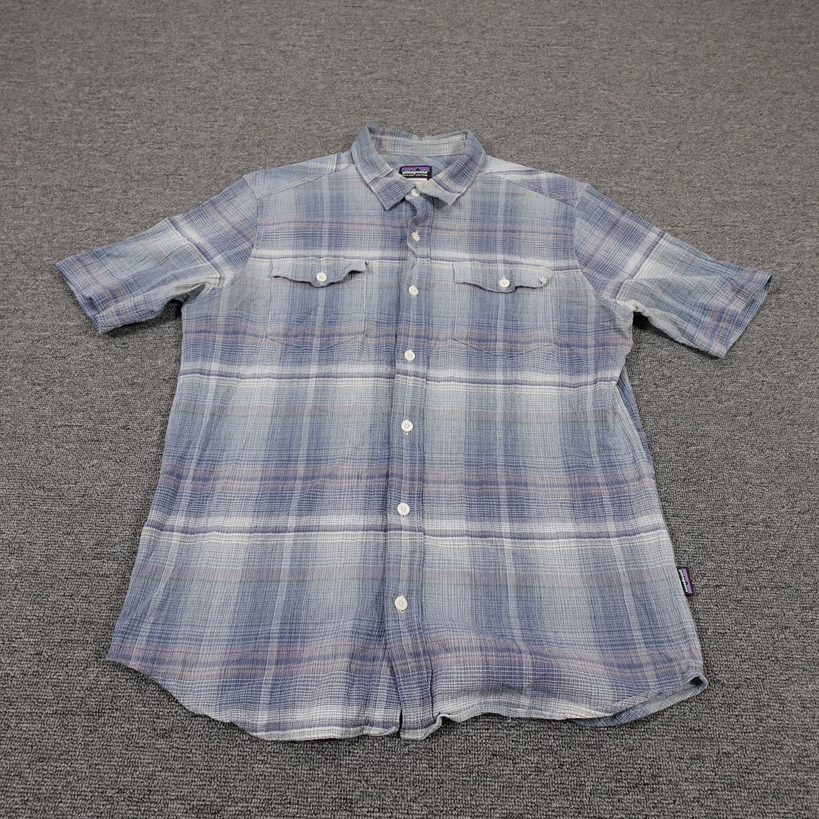 Patagonia Shirt Mens Medium Blue Plaid Organic Cotton Short Sleeve Button Up