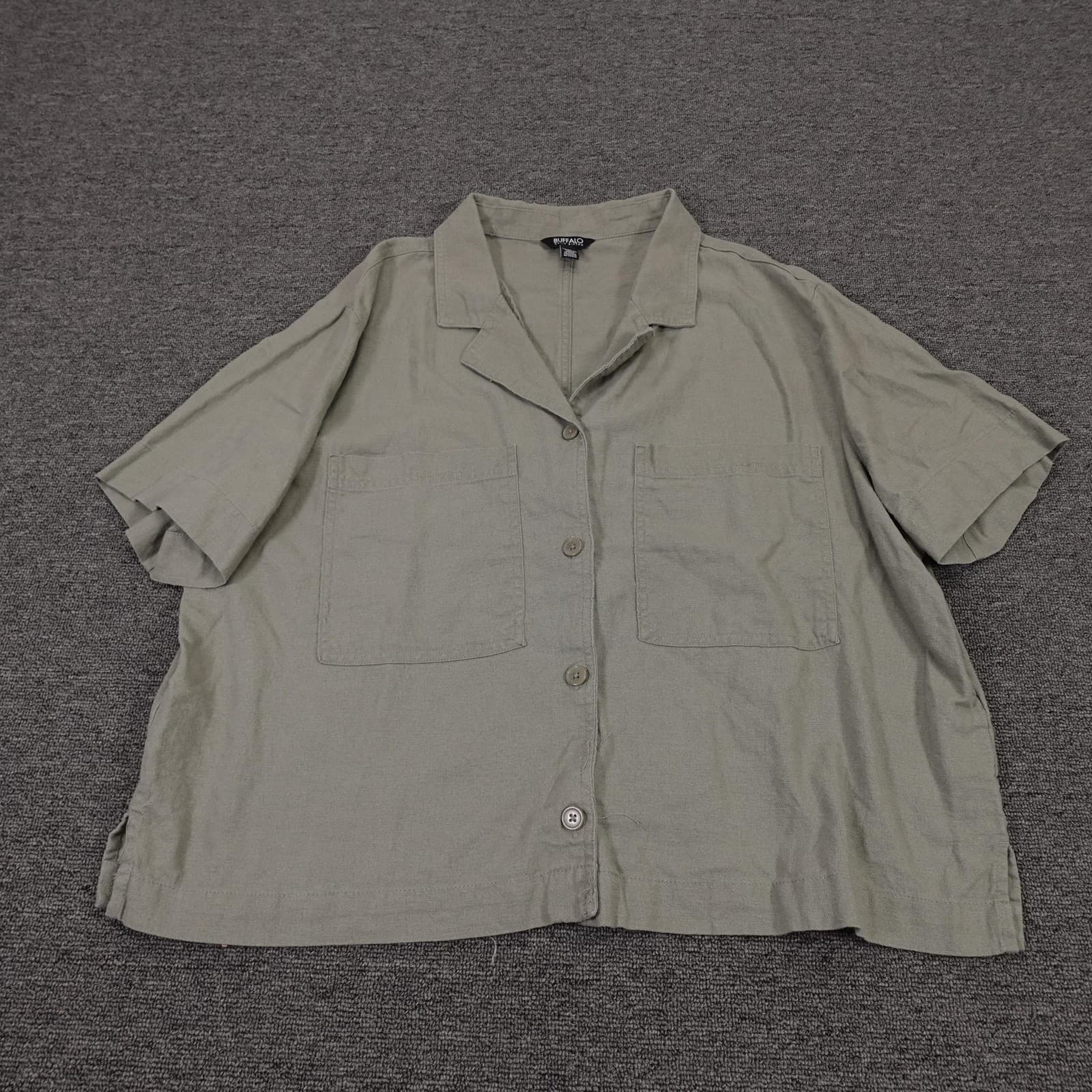 Buffalo David Bitton Shirt Mens 2XL Green Linen Blend Short Sleeve Button Up