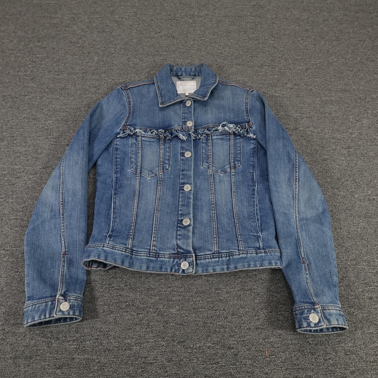 Zara Jacket Womens Medium Blue Trafaluc Denim Trucker Frayed Trim Crop Stretch