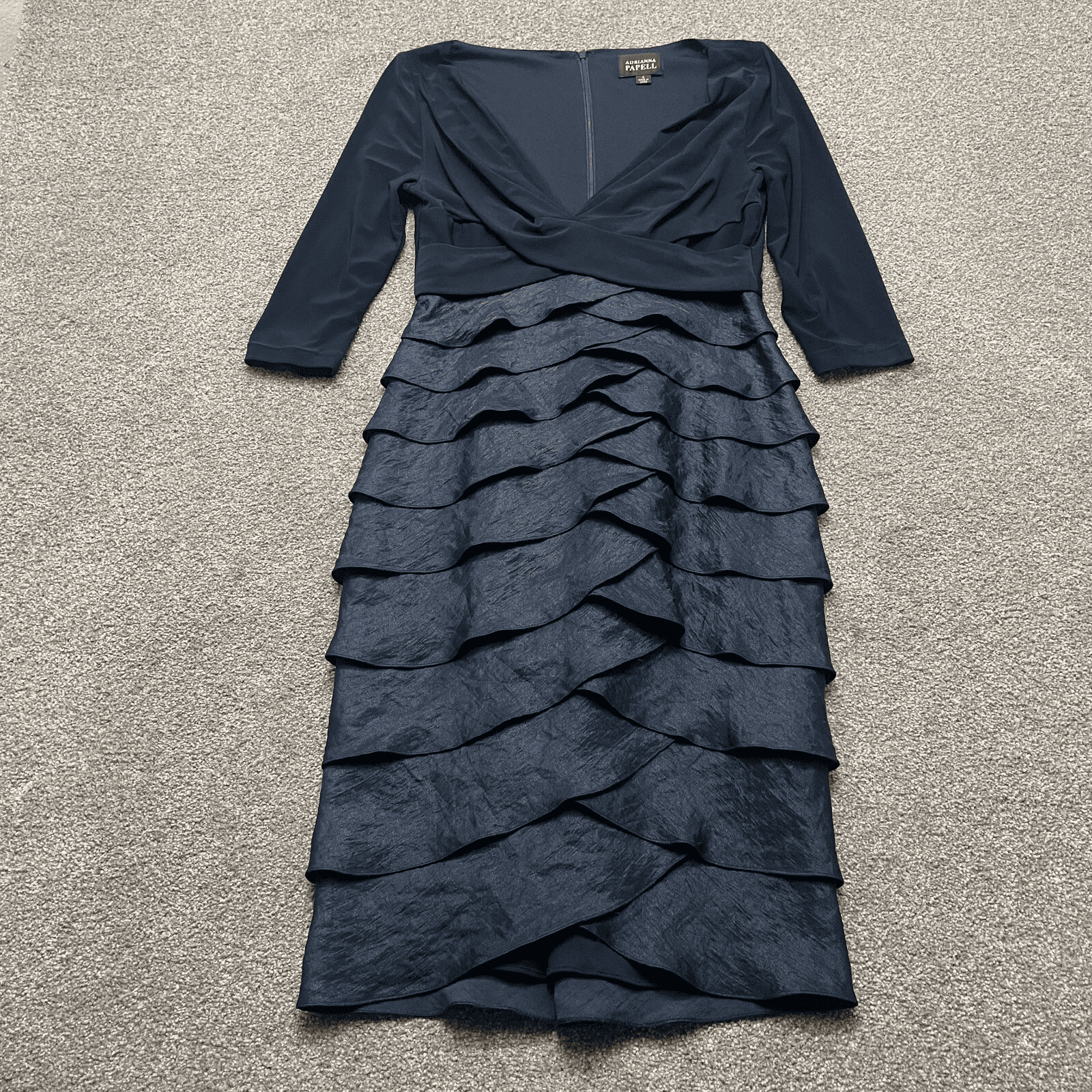 Adrianna Papell 4 Navy Blue Layered Ruffle Midi Dress Dark Romantic Whimsigoth